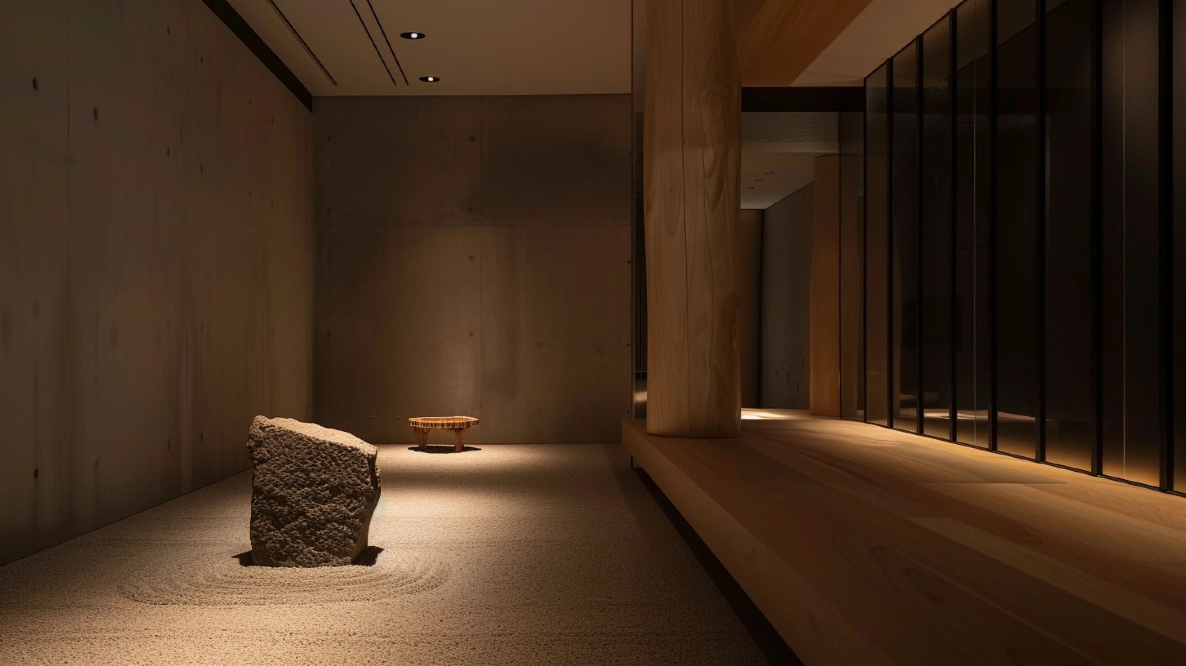 A minimalist room with a large rock in a sand garden, next to a small wooden stool. The space has wooden pillars and walls with ambient lighting.